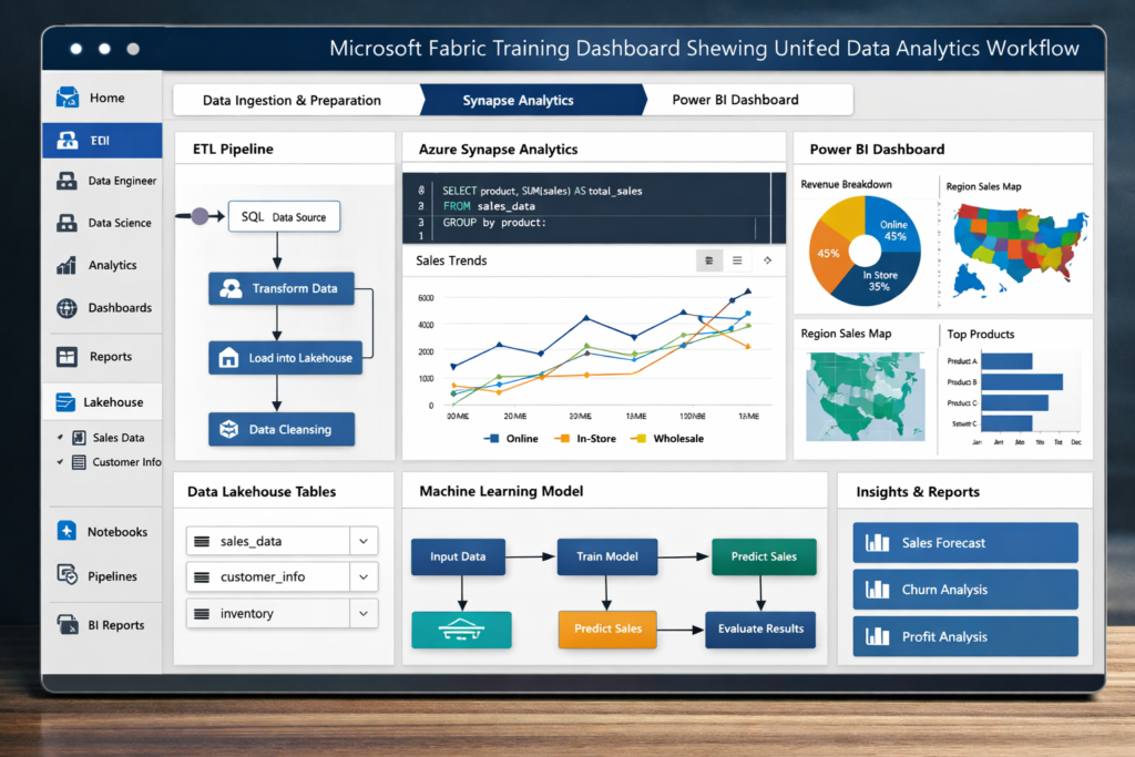 Microsoft Fabric training dashboard showing unified data analytics workflow