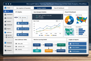 Microsoft Fabric training dashboard showing unified data analytics workflow