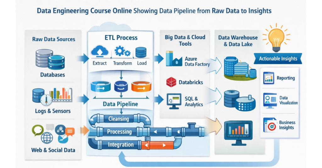 Data Engineering course online showing data pipeline from raw data to insights